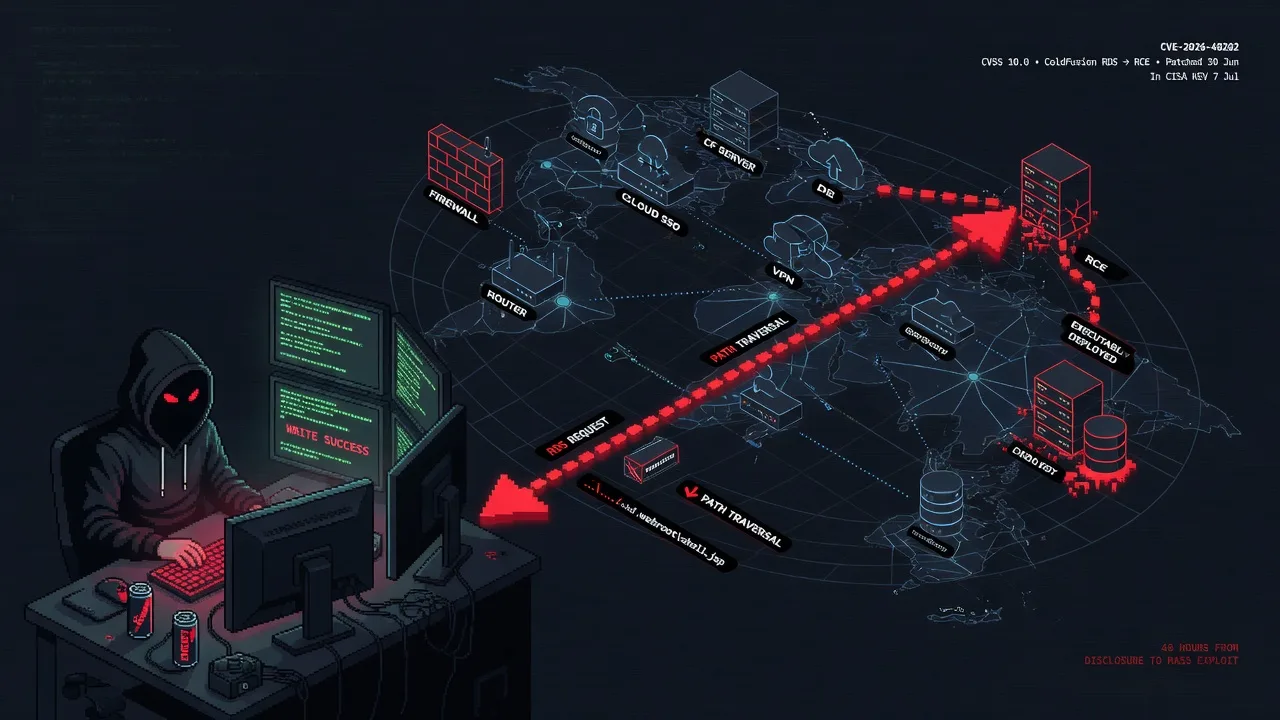 CVE-2026-48282: the max-severity ColdFusion RDS path traversal that became RCE in 48 hours. A CVSS 10.0 path-traversal-to-RCE in Adobe ColdFusion's RDS handler -- patched 30 June, exploited by 2 July,