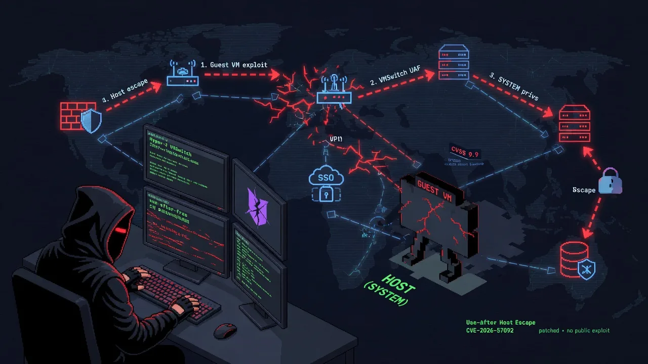 Hyper-V's VMSwitch use-after-free: a guest VM that walks out onto the host (CVE-2026-57092). The highest-scored bug in Microsoft's July 2026 Patch Tuesday — CVSS 9.9, patched, no public exploit yet.