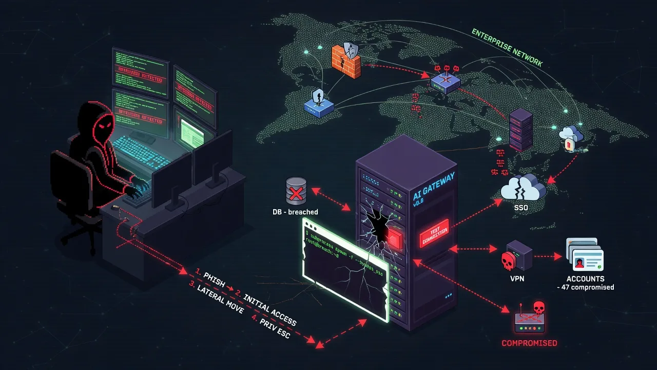 An AI gateway server rack with a glowing "test connection" button that has cracked open into a command-line terminal shell, subprocess spawning outward as branching lines, dark security-operations moo