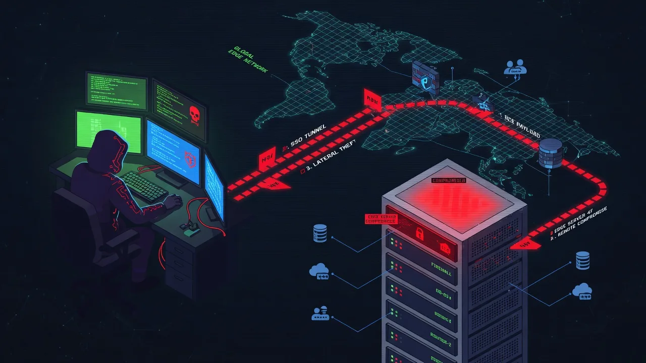A network-edge server appliance in a rack with one unit glowing red, indicating a critical remote compromise, while the others stay dark.