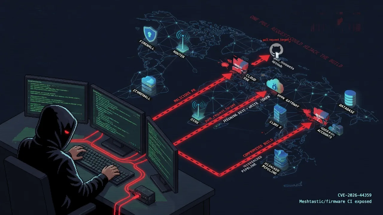 CVE-2026-44359: how one pull request could hijack Meshtastic's build pipeline. A CVSS 10 GitHub Actions "pwn request" -- and the pattern that keeps compromising open-source supply chains. meshtastic/f