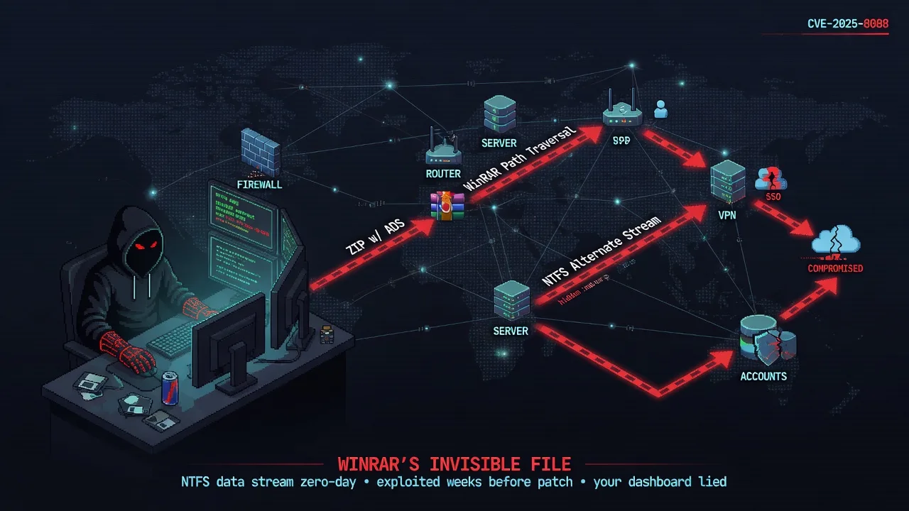 WinRAR's invisible file: how CVE-2025-8088 hid a zero-day inside an NTFS data stream. A path-traversal flaw that two threat groups were exploiting weeks before anyone had a name for it — and why you