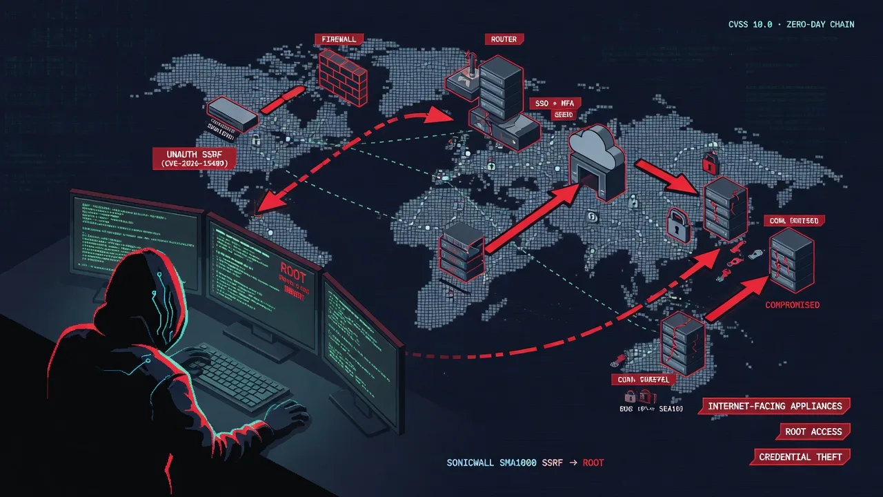SonicWall SMA1000: the CVSS 10 "SSRF" that ends in root (CVE-2026-15409). An unauthenticated request-forgery bug, chained to CVE-2026-15410, gave attackers root on internet-facing SonicWall appliances