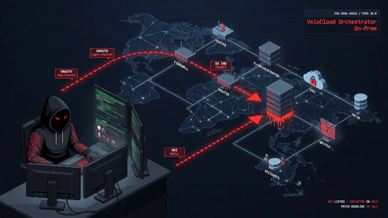 VeloCloud Orchestrator under attack: CVE-2026-16812 is an unauthenticated 10.0 RCE. An internal-only function reachable from the internet turns Arista's SD-WAN brain into an unauthenticated command-ex