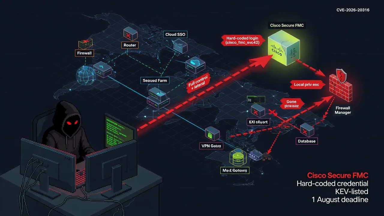 Cisco baked a password into your firewall manager: CVE-2026-20316. A hard-coded credential in Cisco Secure FMC is a 'Medium' 5.3 on paper and a KEV-listed emergency in practice. Here is why, and what