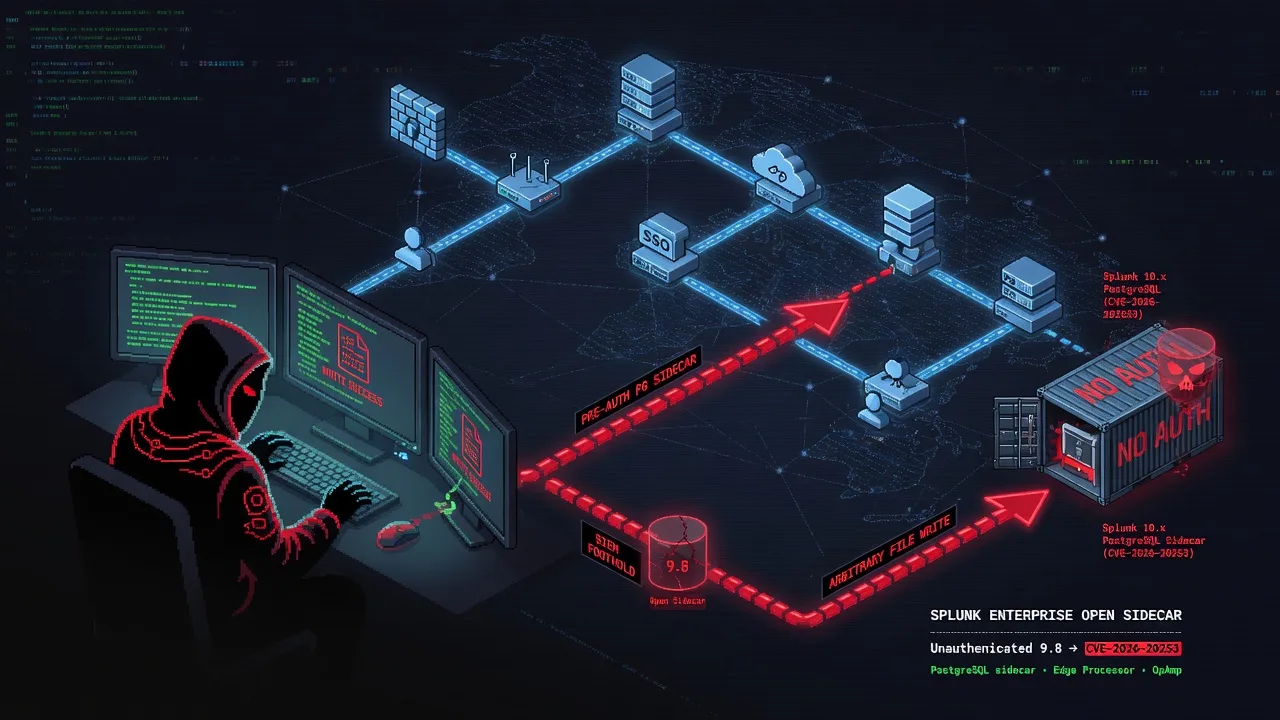 Splunk Enterprise's open sidecar: the unauthenticated 9.8 that turns your SIEM into a foothold (CVE-2026-20253). A PostgreSQL sidecar shipped with no app-level authentication — reachable pre-auth ov