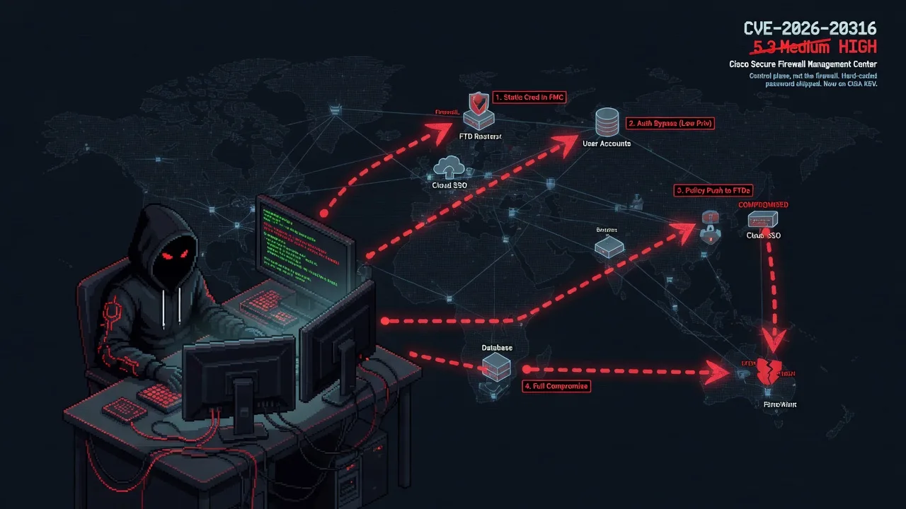 Cisco's firewall brain ships a hard-coded password: CVE-2026-20316 is the 5.3 that landed on CISA's KEV list. A static low-privilege credential in Secure Firewall Management Center scored "Medium" —