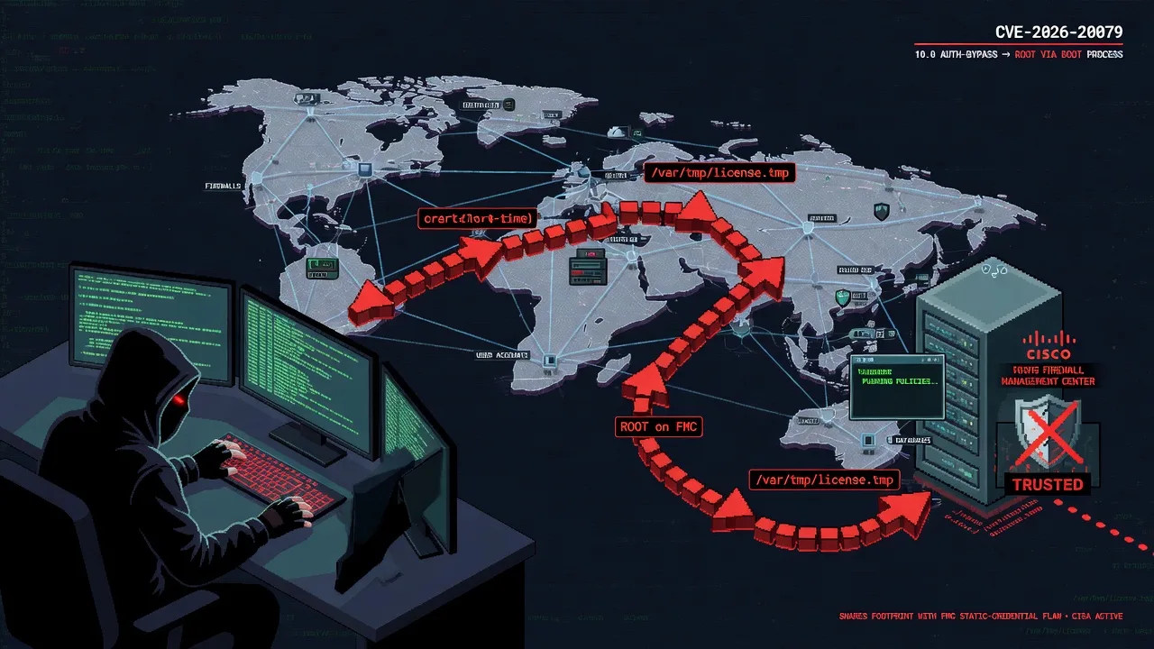CVE-2026-20079: the 10.0 auth-bypass that shares a footprint with the FMC bug already under attack. A follow-on odyssey — how a boot-time process on Cisco Secure Firewall Management Center turns a c