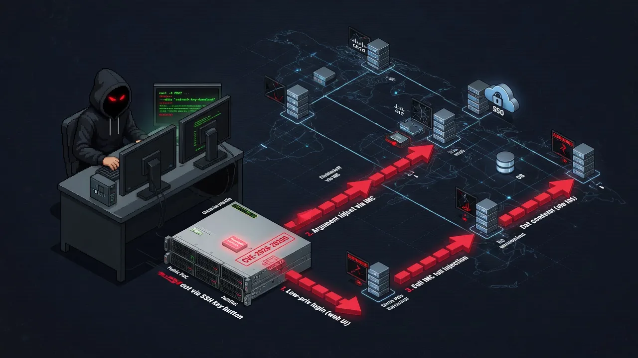 Cisco's rack-server controller sat below the OS — CVE-2026-20200 turns a "download my SSH key" button into root, with a public PoC already out