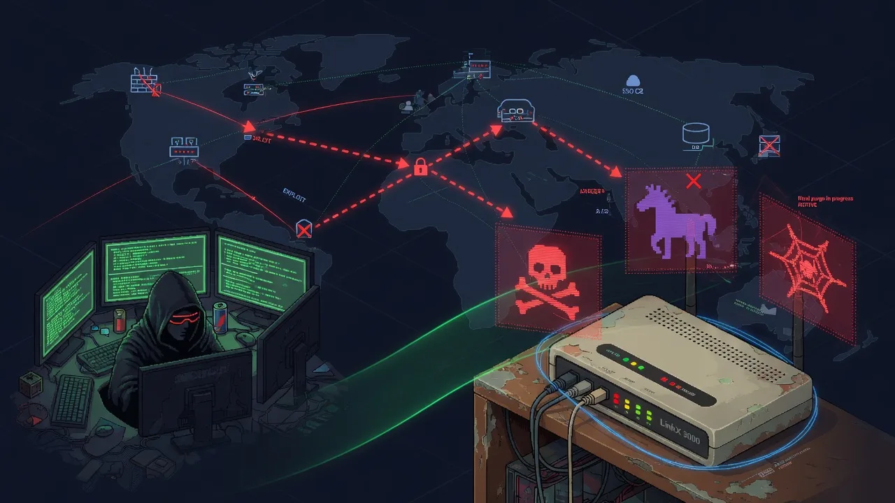A weathered home router sitting on a shelf, its status LEDs glowing, with faint ghostly overlapping outlines of other malware silhouettes being erased around it — a visual metaphor for one botnet pu