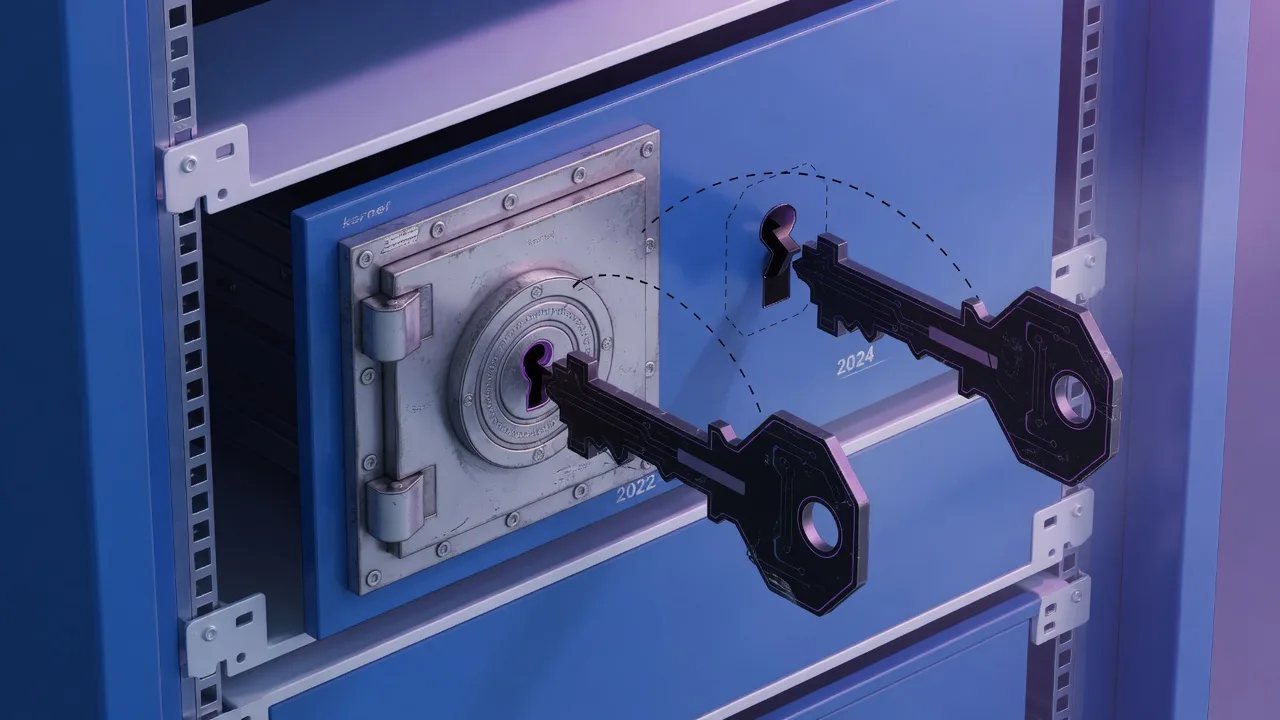 A weathered kernel-level door/gate icon inside a Windows-blue server rack, being picked open twice by the same shadowy key silhouette, two calendar years apart