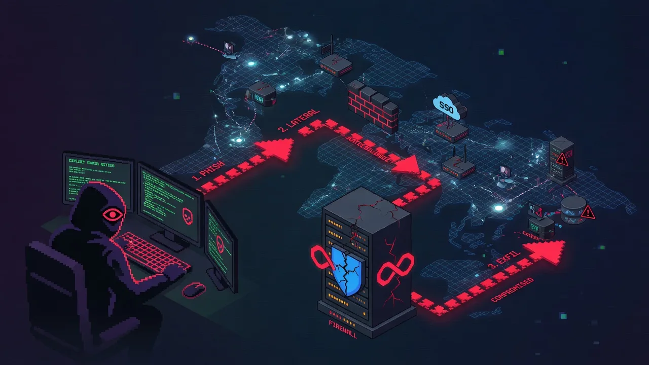 A firewall/router rack device silhouette with a cracked shield icon and a repeating loop symbol, dark network operations center background
