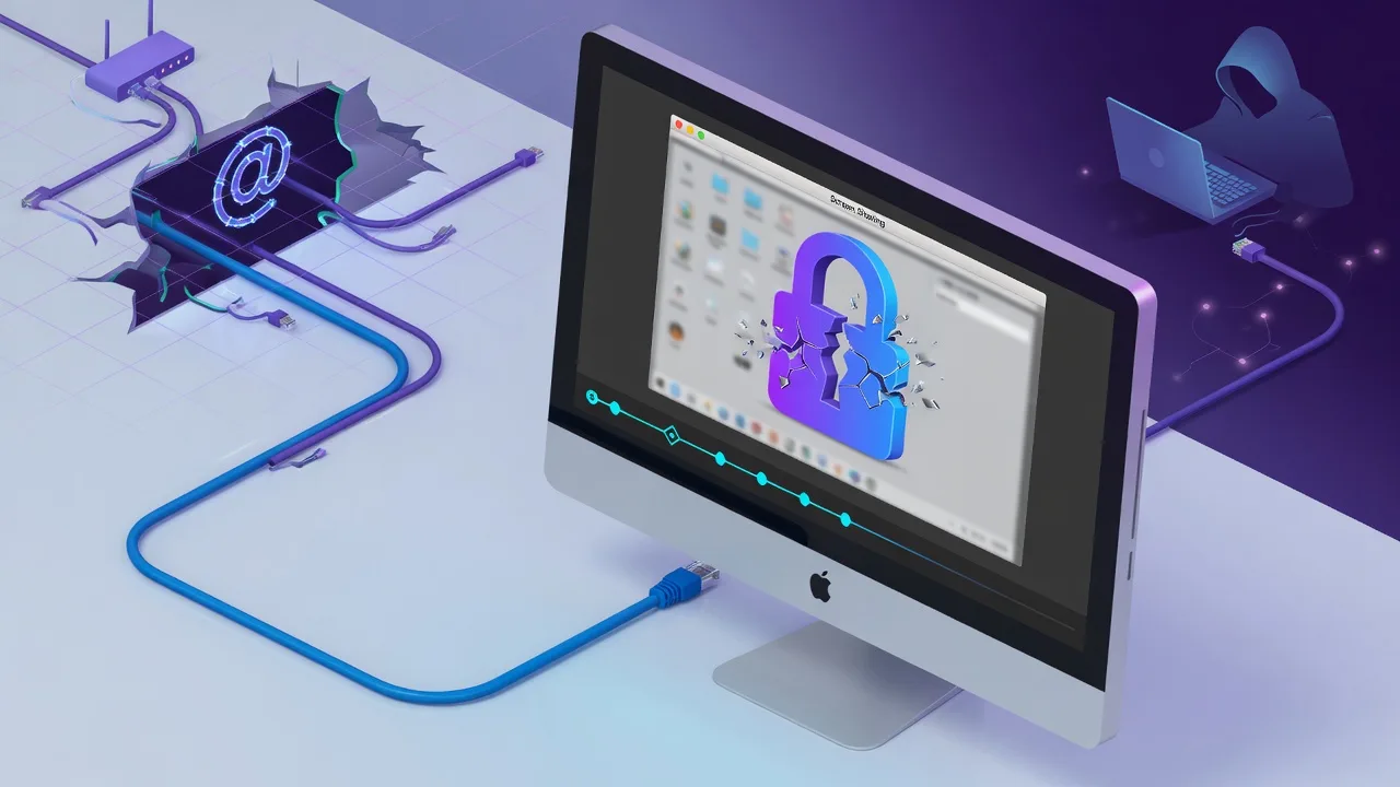 A Mac desktop showing a Screen Sharing / VNC connection window with a padlock icon breaking apart, network cables in the background suggesting a remote attacker connecting over the internet