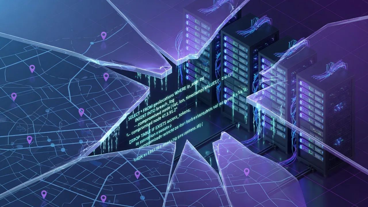 A geospatial map interface cracking open to reveal raw SQL code leaking through the fracture, glowing database server racks visible behind the breach