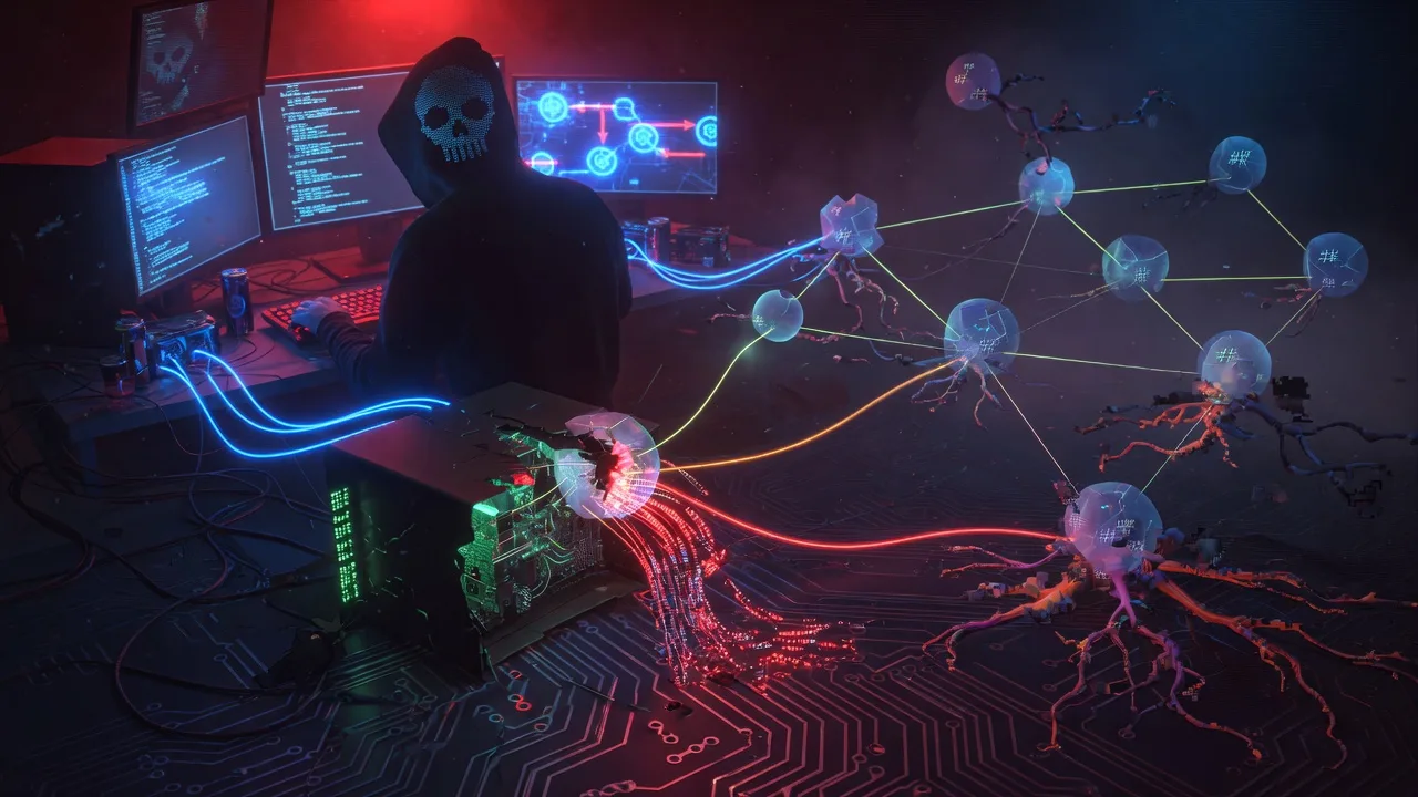 A tangled web of glowing package/dependency nodes on a dark background, one node cracked open and leaking data, spreading infection lines to neighboring nodes — abstract supply-chain compromise visu