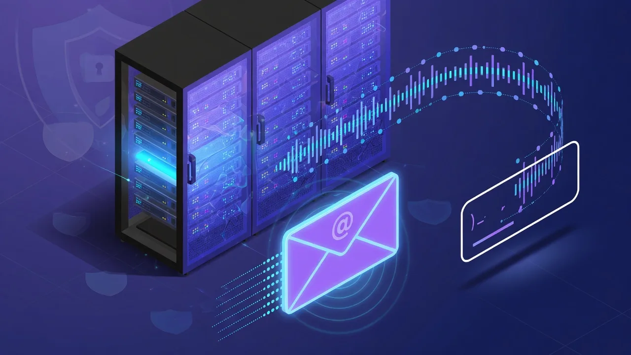 A server rack glowing behind a mail icon, with a small SNMP/network signal wave bending into a shell prompt, dark security-research illustration style