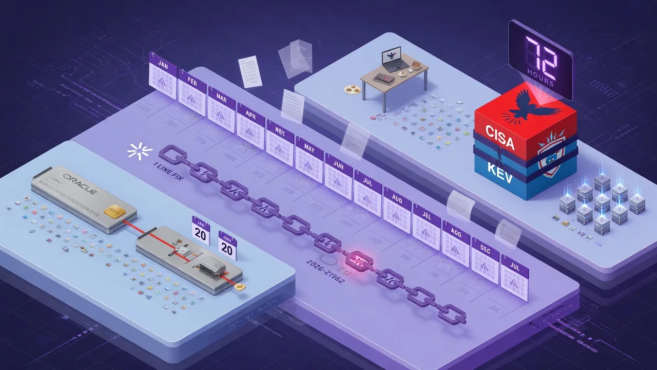 A January Oracle Patch Just Got a 72-Hour Federal Deadline — Here's What Happened in Between. CVE-2026-21962 shipped a fix in January. CISA didn't call it exploited until August. The seven months in