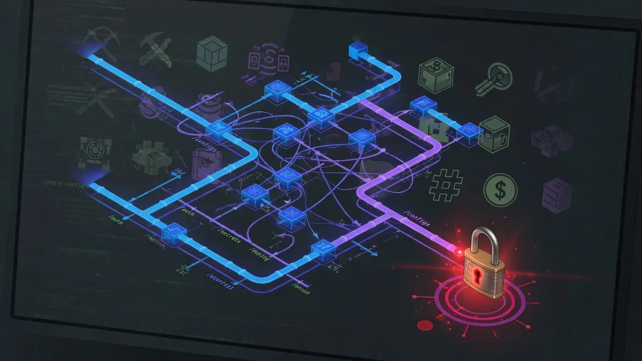 A tangled workflow-pipeline diagram on a dark terminal screen, one node glowing red where an unlocked padlock sits at the end of a path labeled "/configs", with faint cryptocurrency mining icons bleed