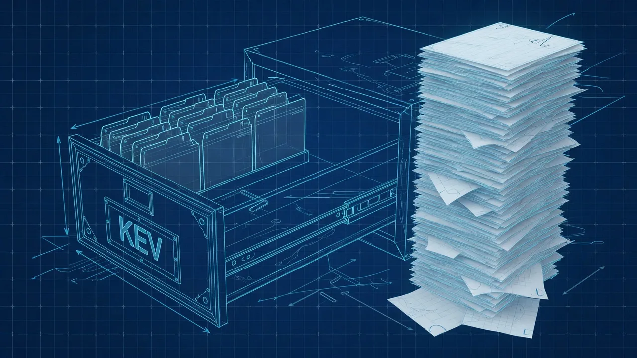A single filing-cabinet drawer labelled KEV, mostly empty, with fourteen index cards standing in it, while a vast stack of unfiled paper towers beside the cabinet