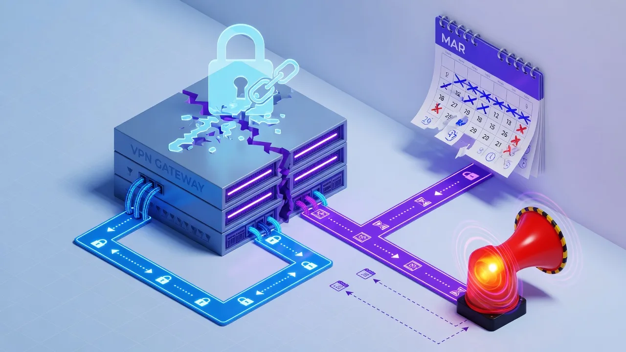 A VPN gateway rack with a certificate/padlock icon cracking open, a calendar showing days ticking past, dual timelines converging on a warning klaxon