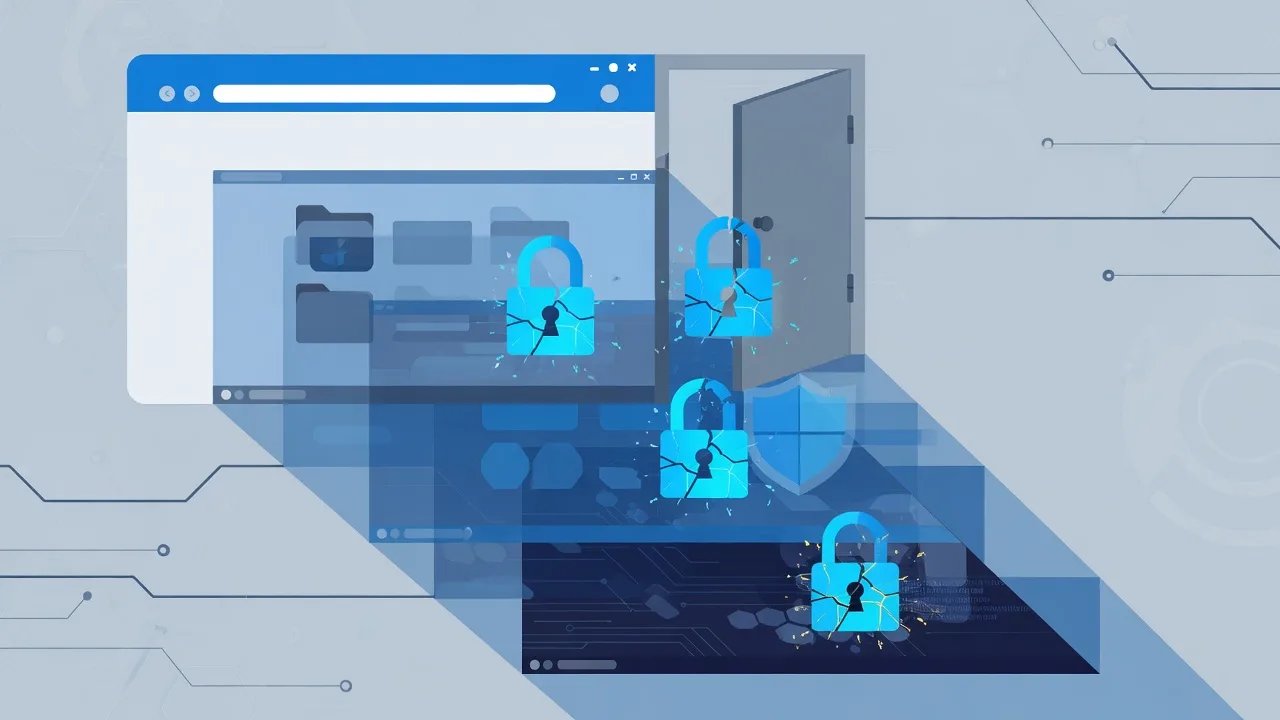 A browser tab opening a door down through layers of a locked Windows system, three glowing cracked padlocks along the path, dark blue security-research aesthetic