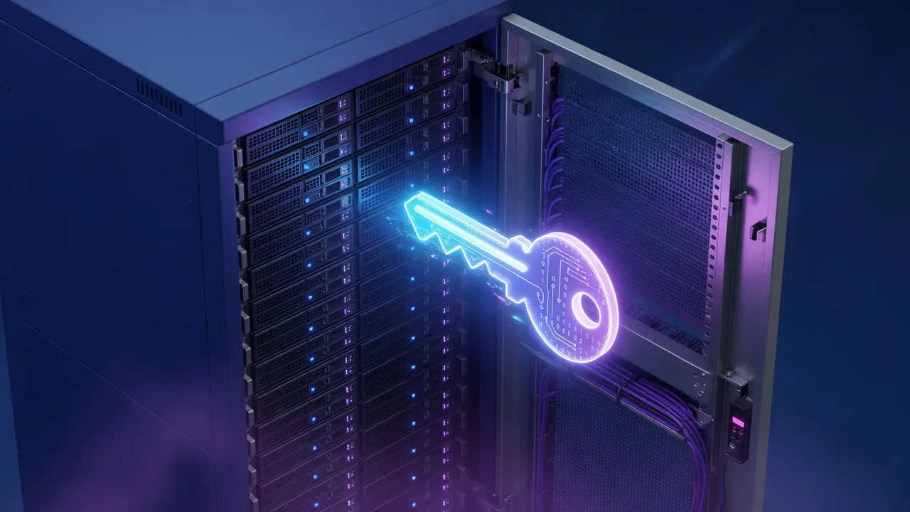 A server rack door standing wide open with a single glowing key icon floating through the gap, dark blue security-operations atmosphere